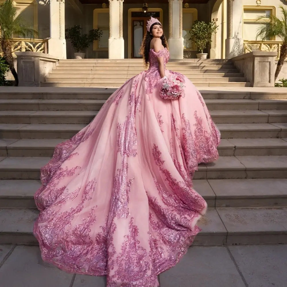 Shiny Red Off-Shoulder Quinceanera Dress Lace Applique With Bow