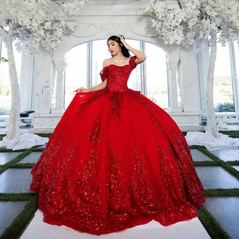 Shiny Red Off-Shoulder Quinceanera Dress Lace Applique With Bow
