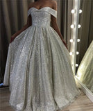 Shiny Silver Sequin Wedding Dresses Off the Shoulder Country Garden Bridal Gown