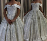 Shiny Silver Sequin Wedding Dresses Off the Shoulder Country Garden Bridal Gown