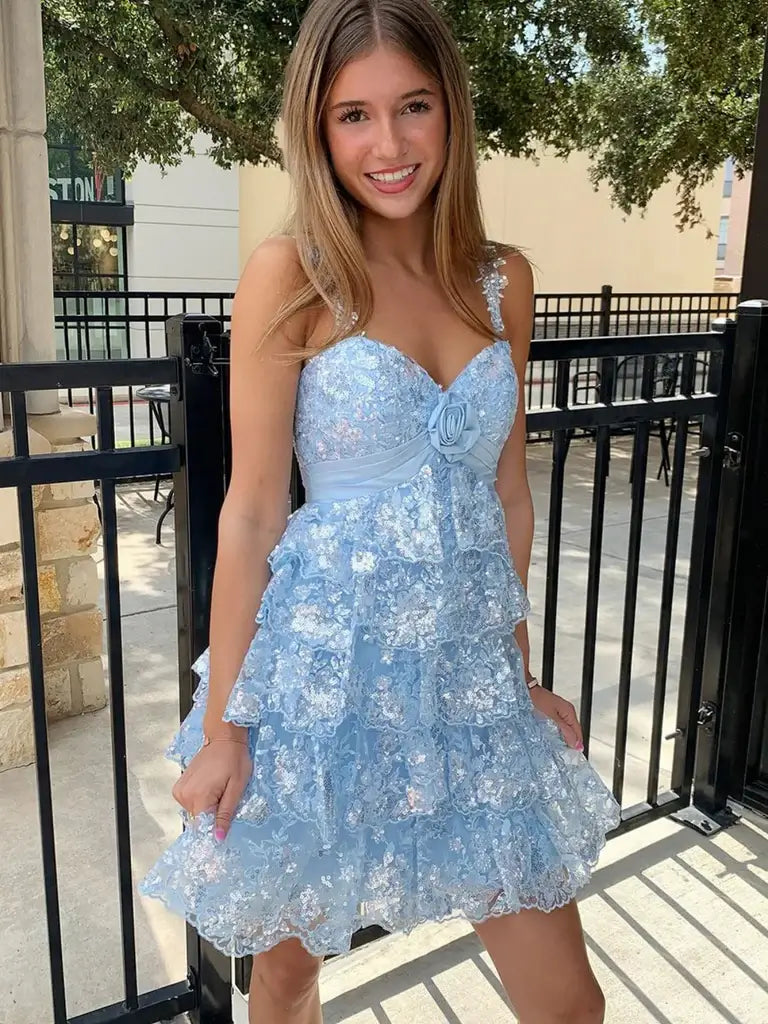Short Light Blue Lace Homecoming Dresses V Neck Layered Cocktail Dress