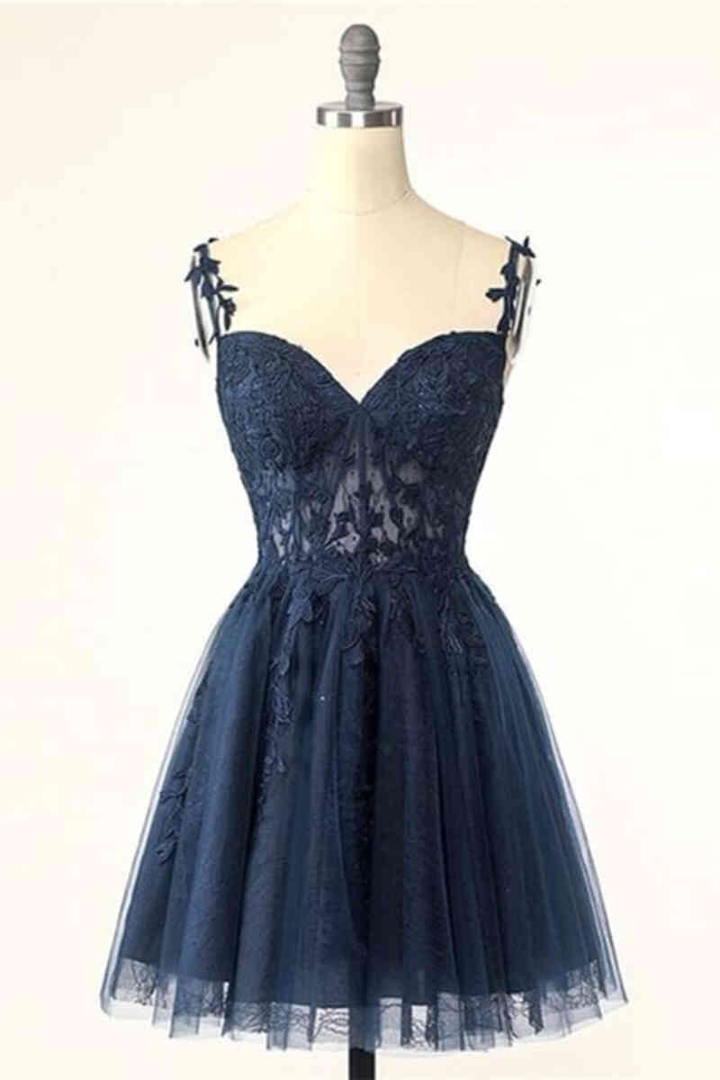 Short Navy Blue Homecoming Dresses 2025 Lace Wedding Guest Dress ...