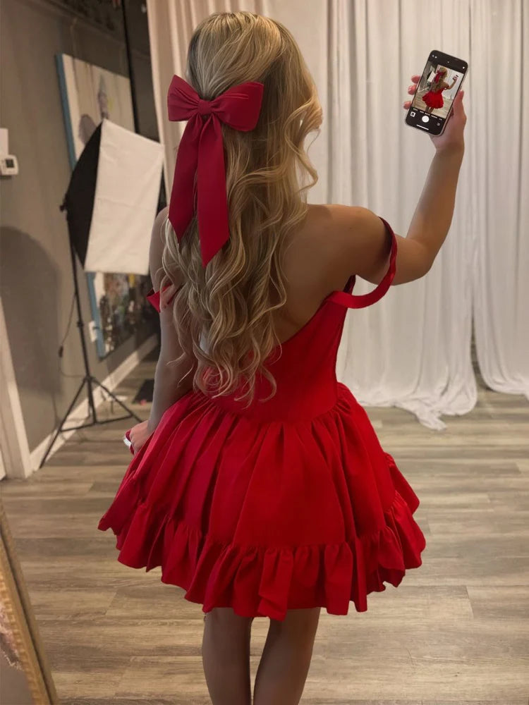 Cheap Red Homecoming Dress Satin A Line Pleated Hoco Dress Short