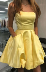 Short Round Neck Yellow Homecoming Dress Satin with Pockets