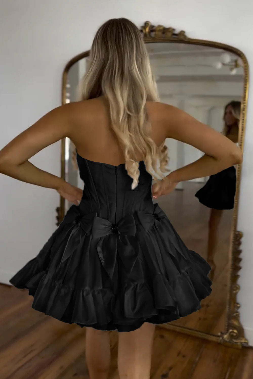 Short Strapless Black Homecoming Dress Satin Beaded with Bow