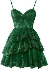 Hot Pink Short Prom Dress Straps Appliques Tiered Homecoming Dress Layered