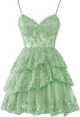Hot Pink Short Prom Dress Straps Appliques Tiered Homecoming Dress Layered