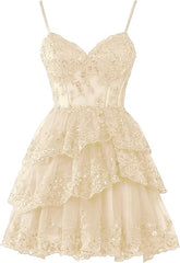 Hot Pink Short Prom Dress Straps Appliques Tiered Homecoming Dress Layered