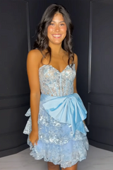 Strapless blue Corset Homecoming Dress with Bow Mychicdress