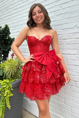 Strapless Red Corset Homecoming Dress with Bow