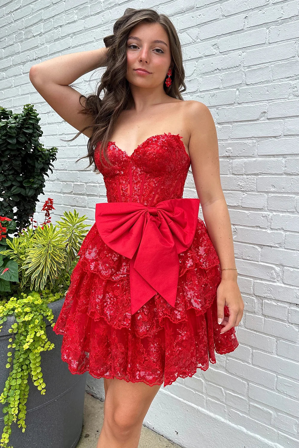 Strapless Red Corset Homecoming Dress with Bow Mychicdress