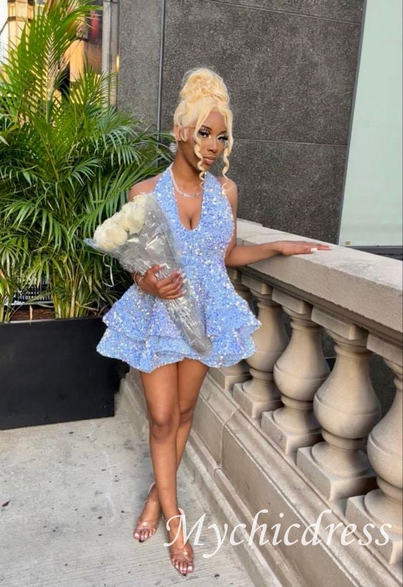 Short Blue Sequin Tiered Homecoming Dress Sexy 16th Dama Dresses - MyChicDress