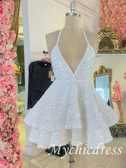 Short Blue Sequin Tiered Homecoming Dress Sexy 16th Dama Dresses - MyChicDress
