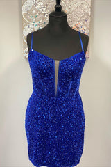 Short Bodycon Royal Blue Homecoming Dress Sequins Straps - MyChicDress