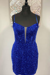 Short Bodycon Royal Blue Homecoming Dress Sequins Straps