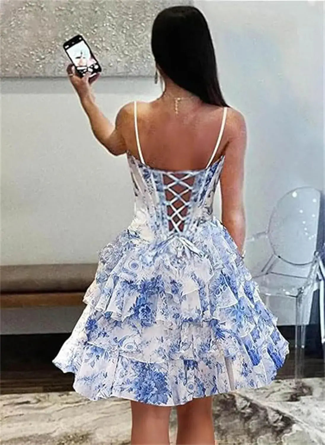 Short Floral Blue Homecoming Dresses Corset Scoop Neck Spaghetti Straps