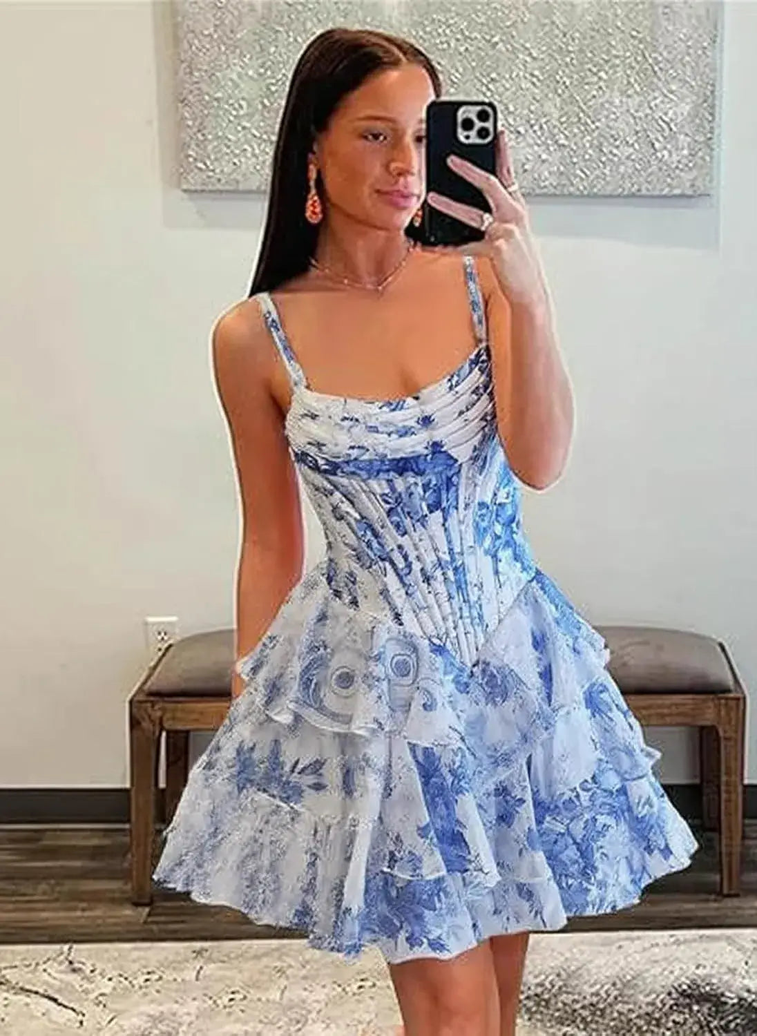 Short Floral Blue Homecoming Dresses Corset Scoop Neck Spaghetti Straps
