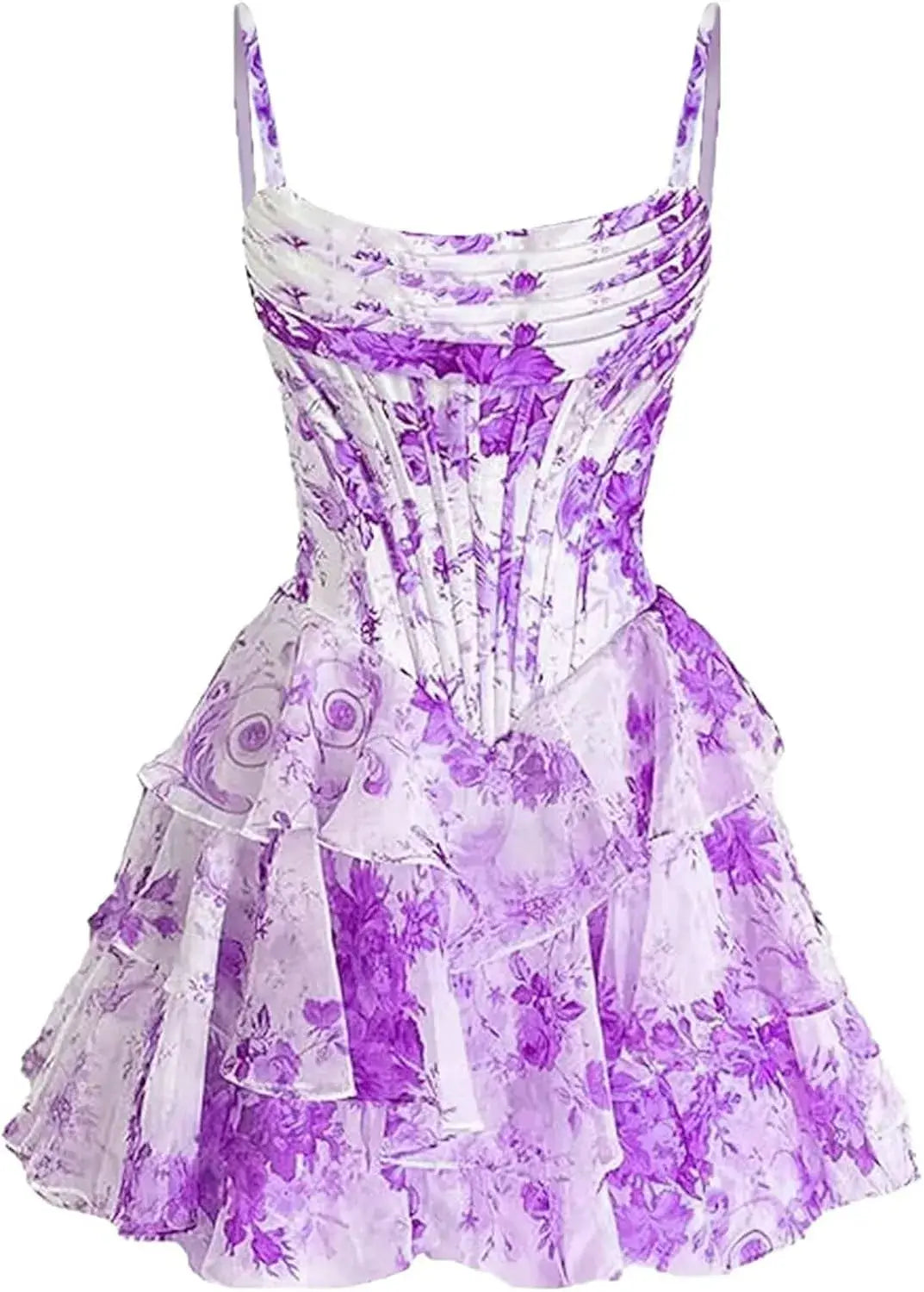 Short Floral Blue Homecoming Dresses Corset Scoop Neck Spaghetti Straps