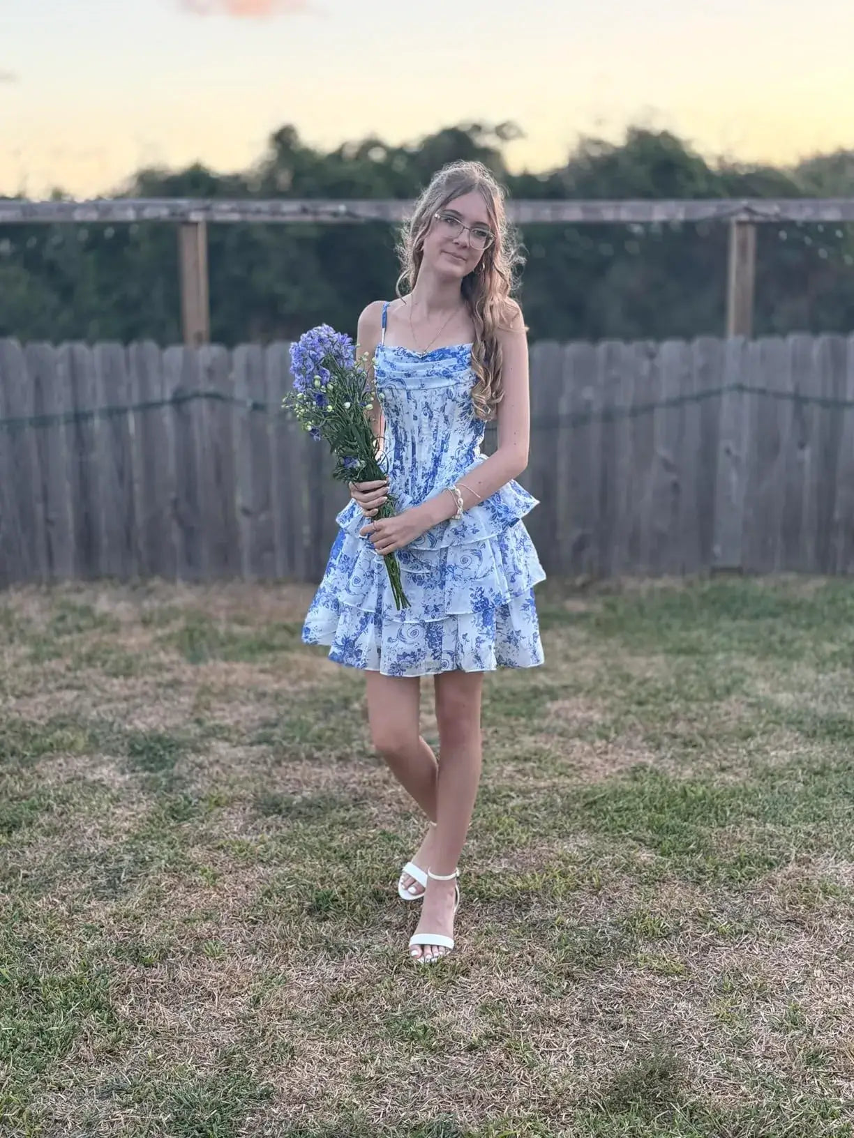 Short Floral Blue Homecoming Dresses Corset Scoop Neck Spaghetti Straps