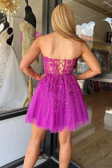 Short Fuchsia Lace Homecoming Dress Strapless Sweetheart Graduation Dress