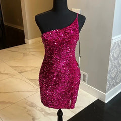 Short Fuchsia Prom Dresses One Shoulder Sequin Homecoming dress