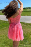 Short Hot Pink Lace Prom Dresses Off the Shoulder Homecoming Dresses