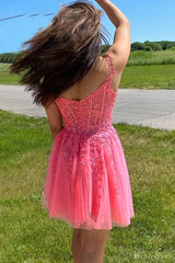Short Hot Pink Lace Prom Dresses Off the Shoulder Homecoming Dresses