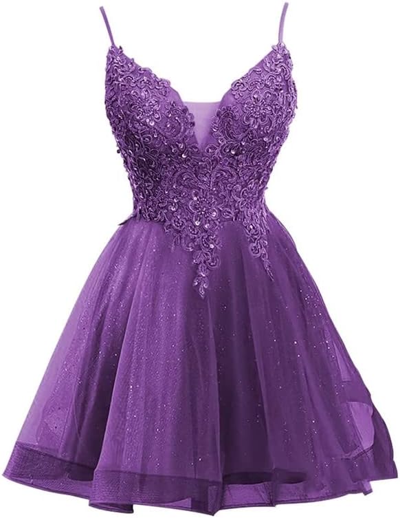 Short Lace Champagne Homecoming Dress V Neck Tulle Quinceanera Dama Dresses - MyChicDress