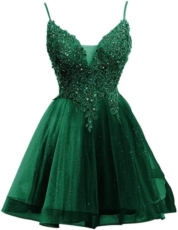 Short Lace Champagne Homecoming Dress V Neck Tulle Quinceanera Dama Dresses - MyChicDress