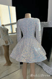 Short Long Sleeves Sequin Prom Dresses V Neck Glitter Mini Hoco Dress