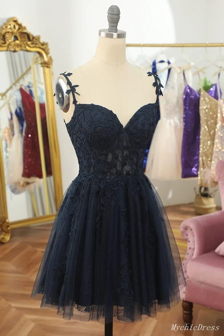 Dark Blue Lace Homecoming Dresses