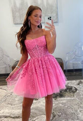 UK Short Pink Prom Dress 2024 Strapless Lace Homecoming Dress