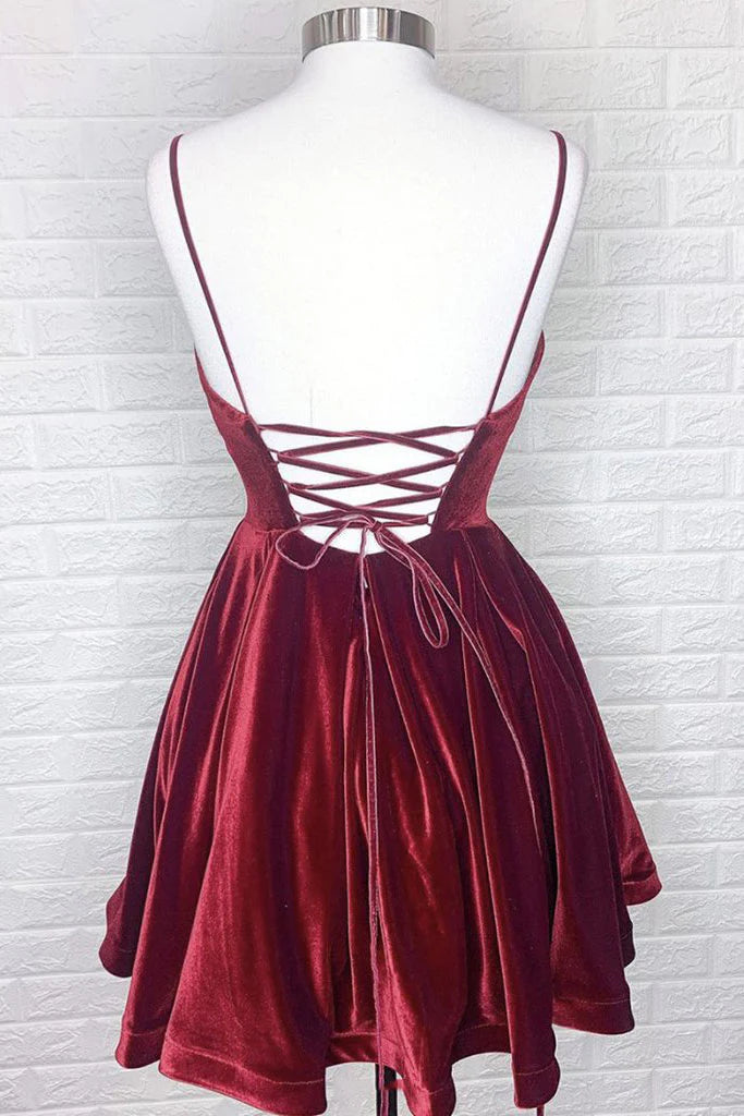 MyChicDress Simple Burgundy Velvet Winter Formal Dress Short V Neck Homecoming Dress US14 Custom Color