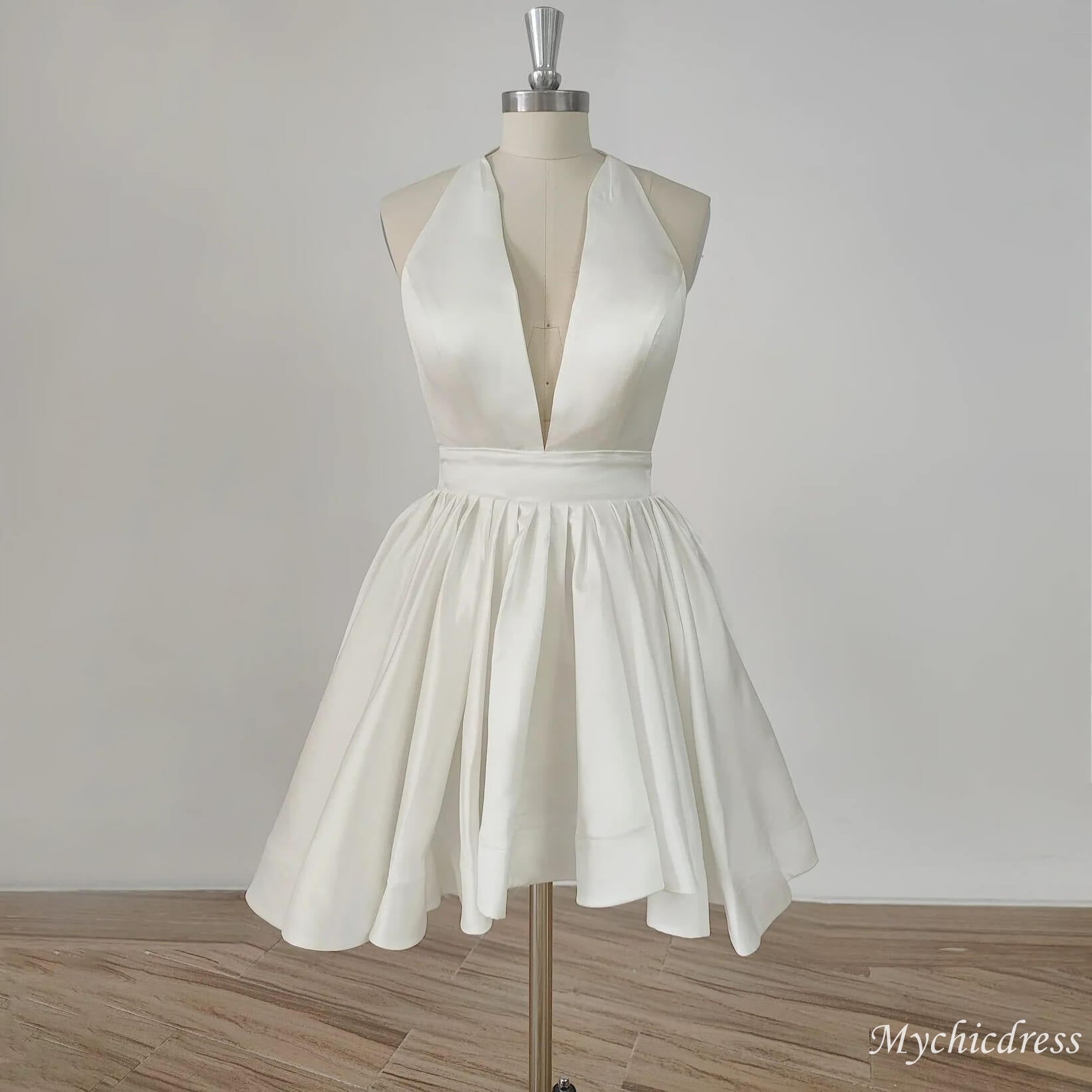 Simple A-line Short Wedding Dresses For Women Stain Deep V-Neck - MyChicDress