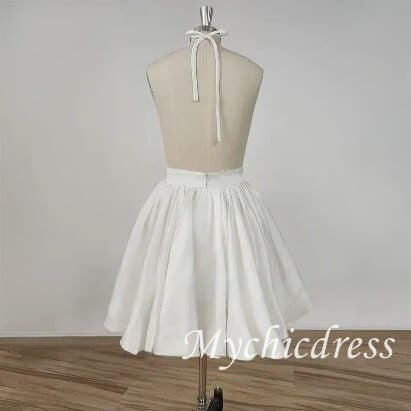 Simple A-line Short Wedding Dresses For Women Stain Deep V-Neck - MyChicDress