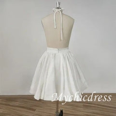 Simple A-line Short Wedding Dresses For Women Stain Deep V-Neck - MyChicDress
