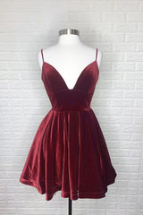 Simple Burgundy Velvet Winter Formal Dress Short V Neck Homecoming Dress