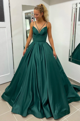 Simple Emerald Green Satin Prom Dresses A Line Double Straps
