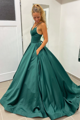 Simple Emerald Green Satin Prom Dresses A Line Double Straps