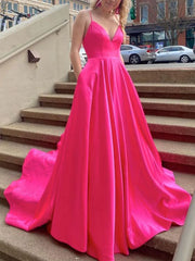 Simple Fuchsia Evening Dresss Long V Neck Satin Prom Dress with Pock