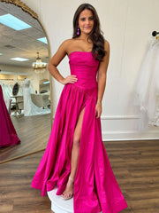 Simple Fuchsia Strapless Formal Prom Dresses Long with split - MyChicDress