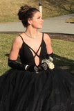Simple Gothic Wedding Dress Black Tulle Princess Prom Dresses Sleeveless