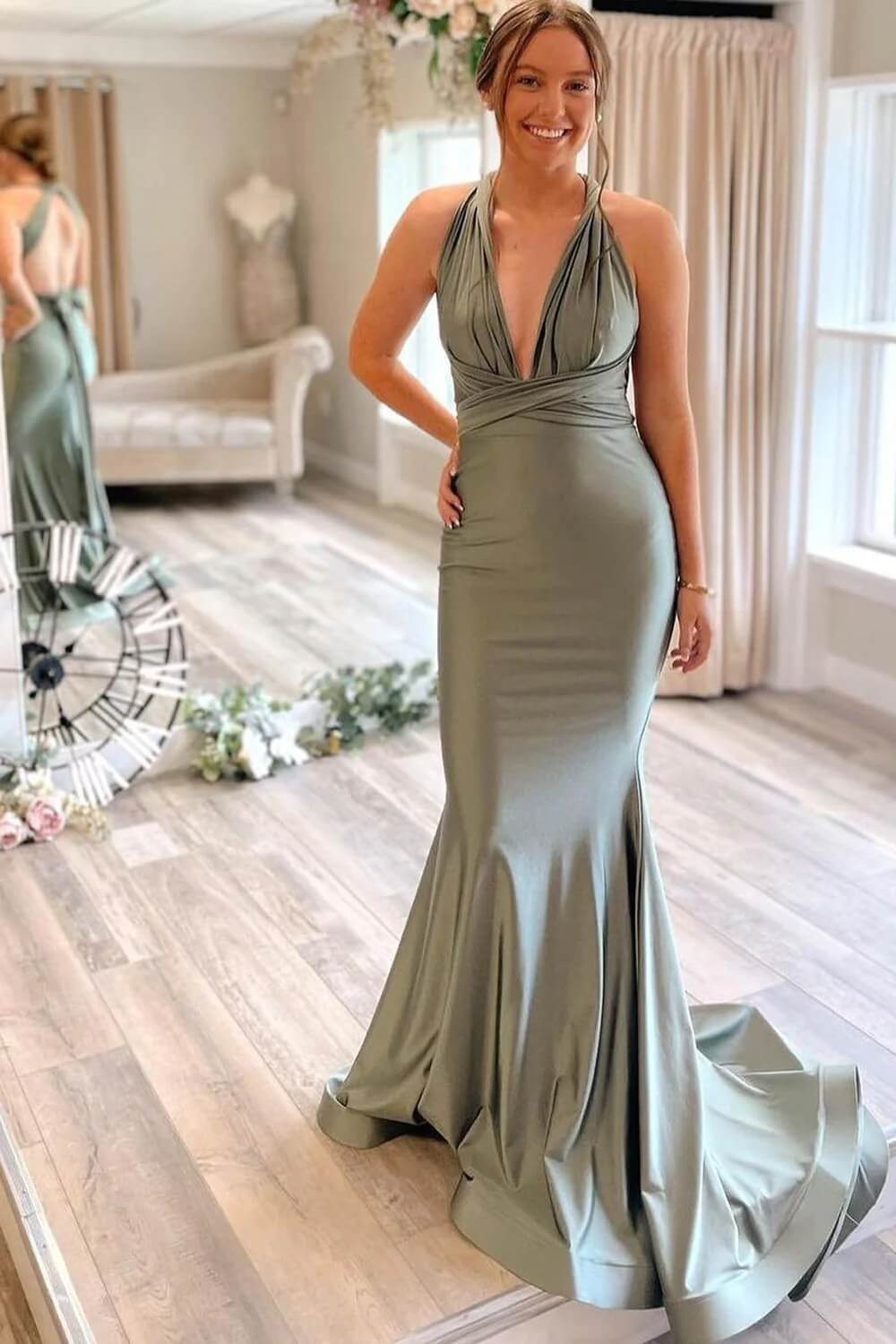 Gray Green Long Guest Dress