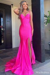 Simple Hot Pink Prom Dresses Satin Mermaid Corset Formal Gown with slit - MyChicDress