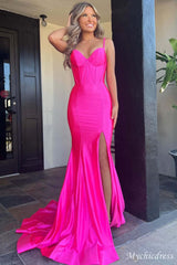 Simple Hot Pink Prom Dresses Satin Mermaid Corset Formal Gown with slit