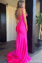 Simple Hot Pink Prom Dresses Satin Mermaid Corset Formal Gown with slit - MyChicDress