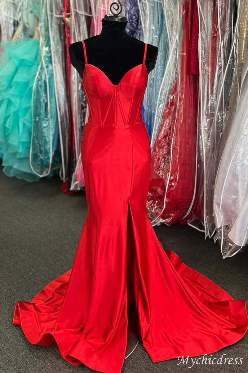 Simple Hot Pink Prom Dresses Satin Mermaid Corset Formal Gown with slit - MyChicDress