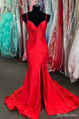 Simple Hot Pink Prom Dresses Satin Mermaid Corset Formal Gown with slit - MyChicDress