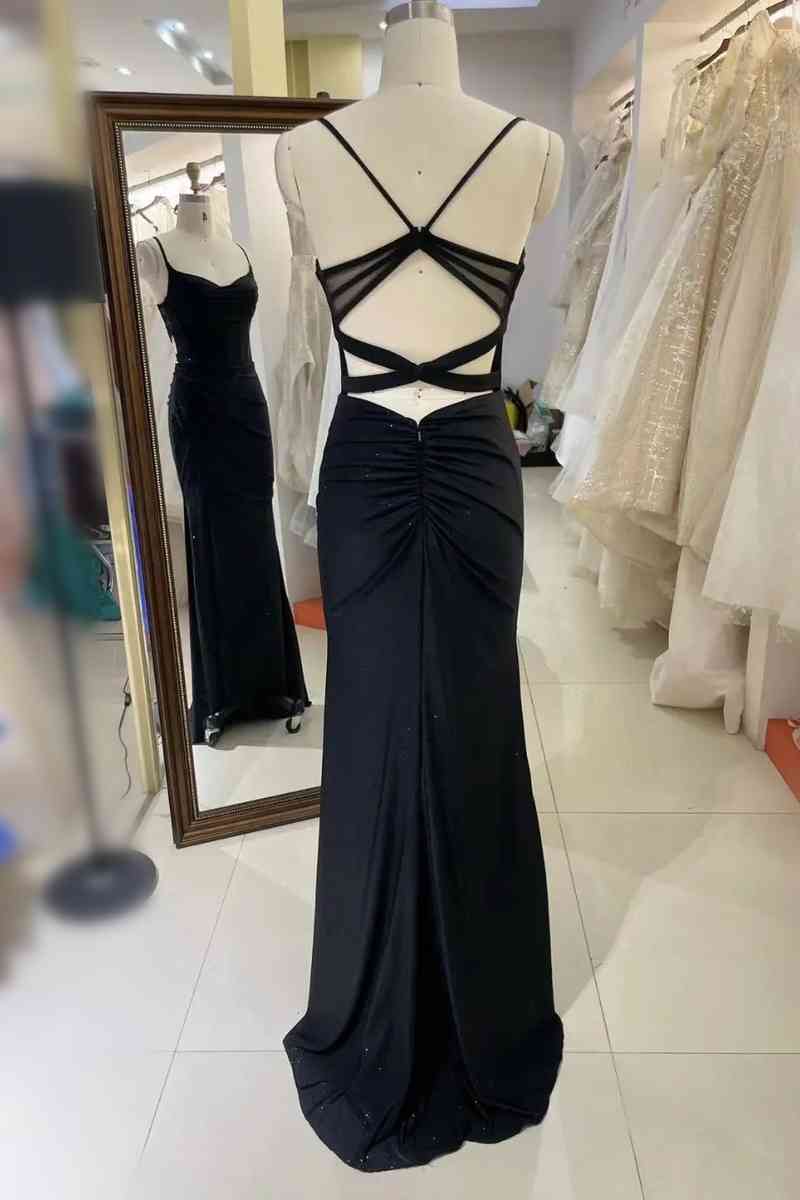 Simple Long Black Satin Prom Dresses Pleated Spaghetti Straps - MyChicDress