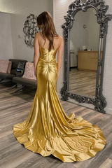 Simple Long Mermaid Gold Prom Dresses Satin Sweetheart Slit - MyChicDress